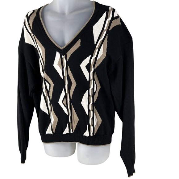 Sansabelt Sport Mens M  V-Neck Black Cotton Sweater Geometric Pattern Timeless - Picture 4 of 14